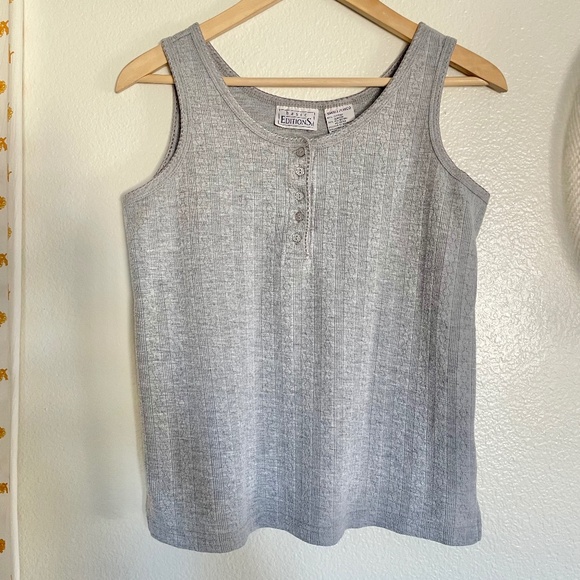 Vintage 90s Gray Ribbed Tank Top Small Button Front Stretch - Picture 1 of 5